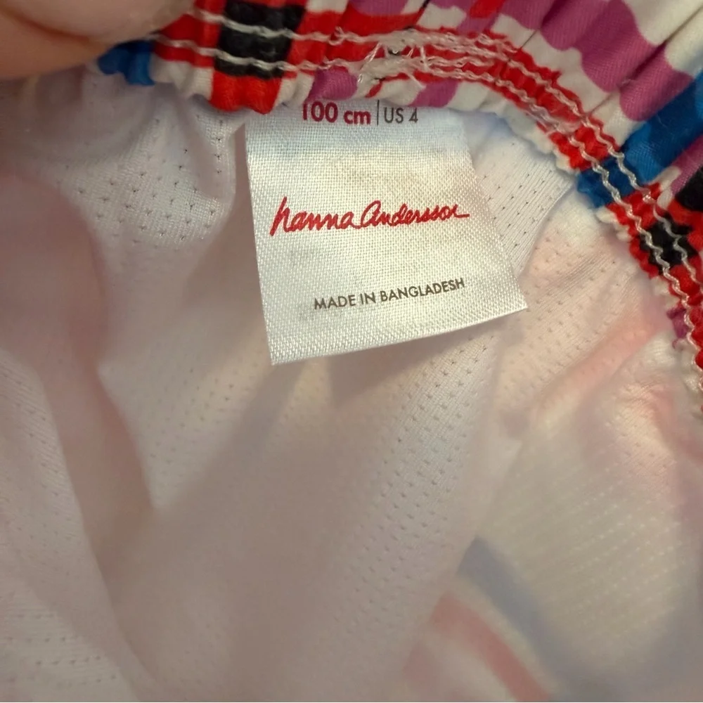 Hanna Andersson White Lined Swim Shorts with Pink/Blue Plaid